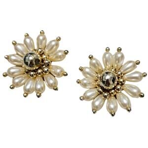 1960s Faux Pearl Cluster Huge Flower Clip-On Earrings with Gold Metal Details